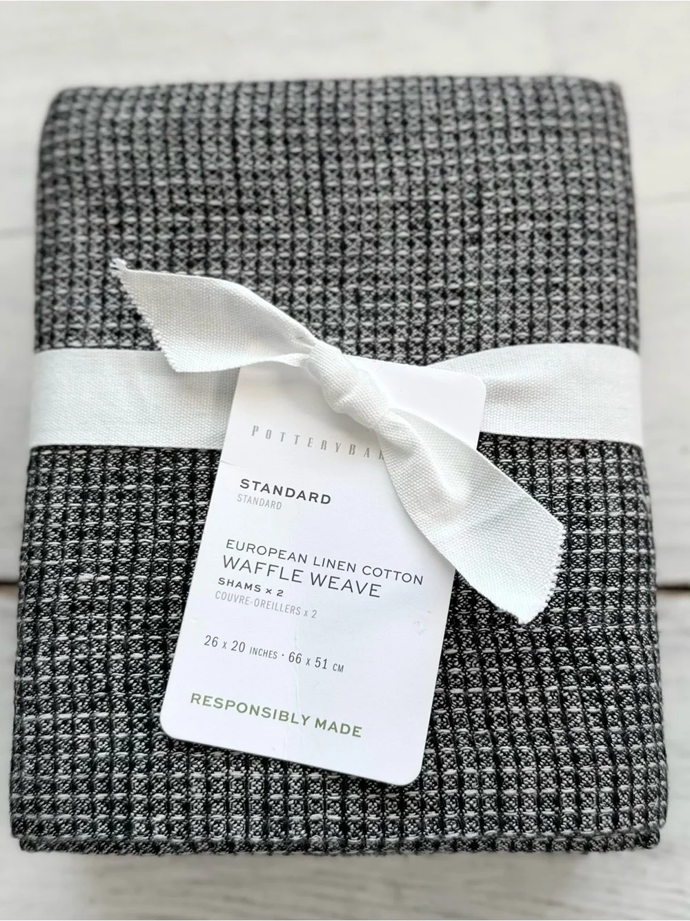 2 NEW Pottery Barn WAFFLE Weave European Linen STANDARD Pillow SHAMS Ebony Gray